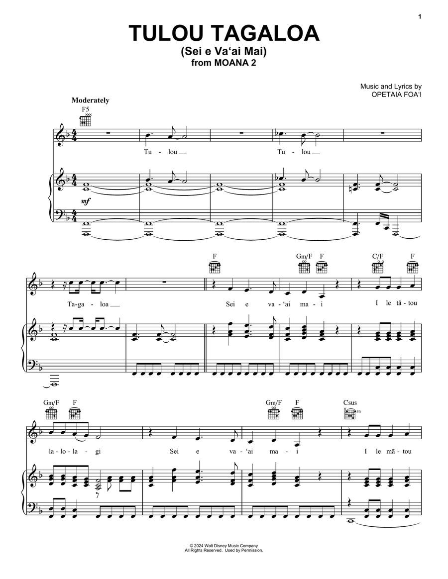 Tulou Tagaloa (Sei e Va'ai Mai) (from Moana 2) Piano, Vocal, Guitar scores gallery preview page 1