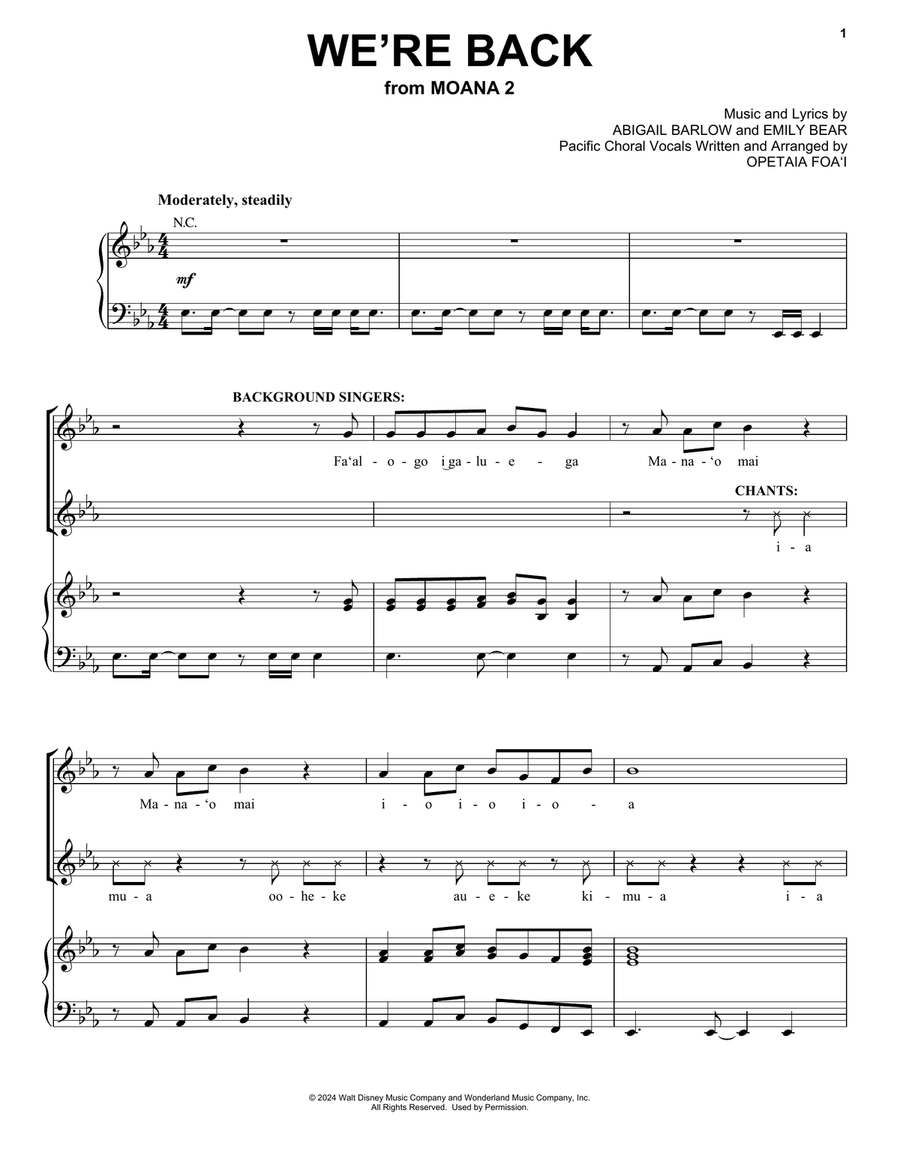 We're Back (from Moana 2) Piano, Vocal, Guitar scores gallery preview page 1