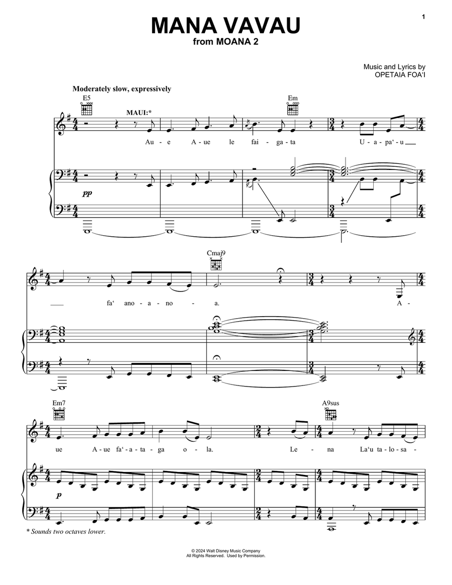 Mana Vavau (from Moana 2) Piano, Vocal, Guitar scores gallery preview page 1