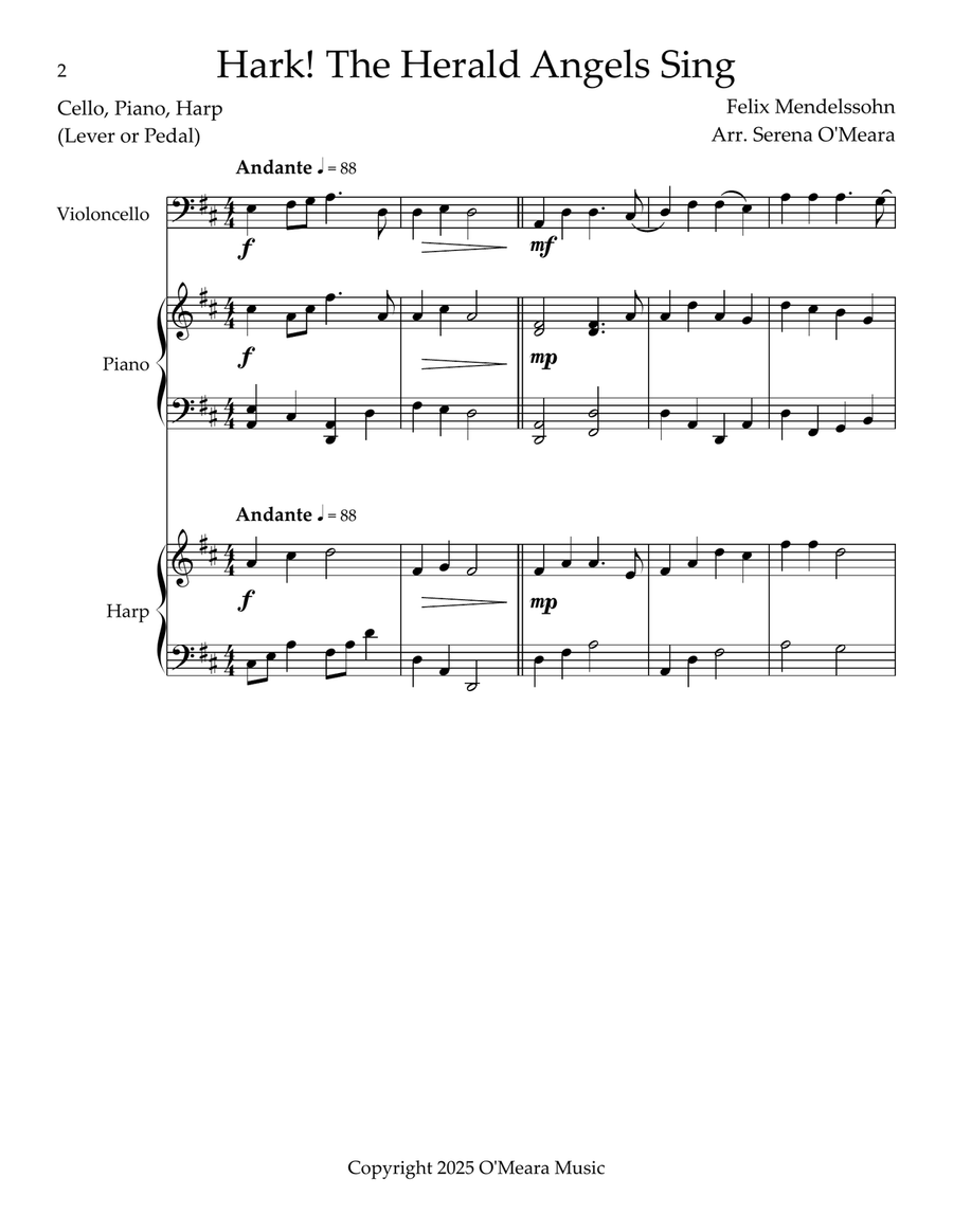 Hark! The Herald Angels Sing, Trio for Cello, Piano & Harp Small Ensemble scores gallery preview page 2