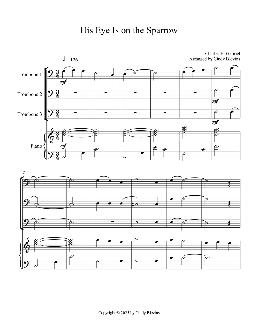 His Eye Is On the Sparrow, for Three Trombones and Piano Trombone Trio scores gallery preview page 2