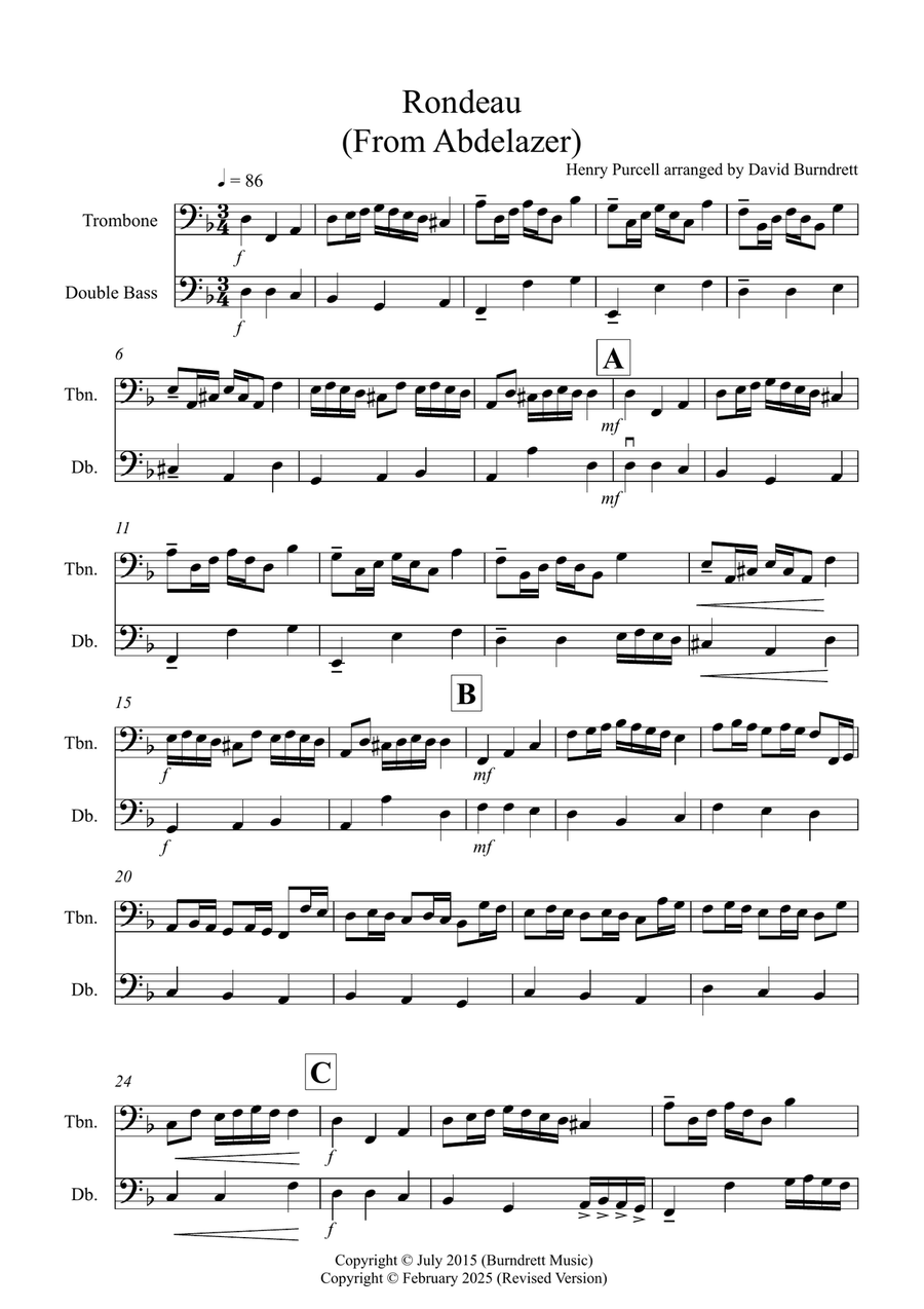 Rondeau (from Abdelazer) for Trombone and Double Bass Duet Trombone scores gallery preview page 1