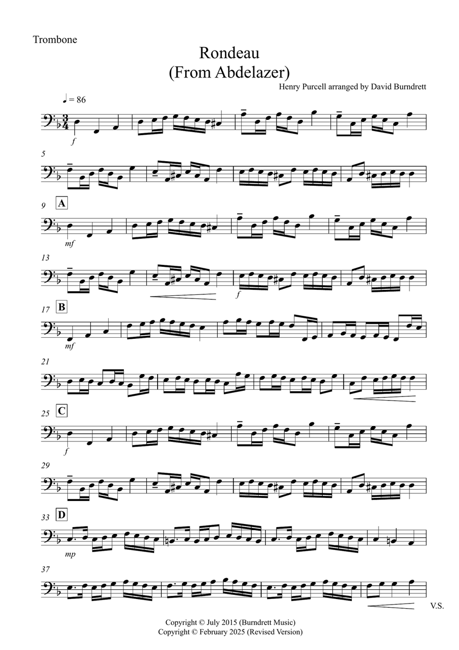 Rondeau (from Abdelazer) for Trombone and Double Bass Duet Trombone scores gallery preview page 3