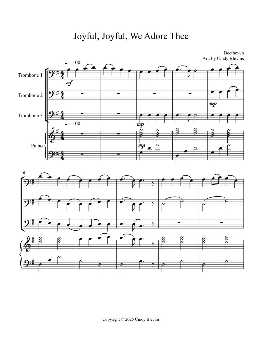 Joyful, Joyful, We Adore Thee, for Three Trombones and Piano Trombone Trio scores gallery preview page 2