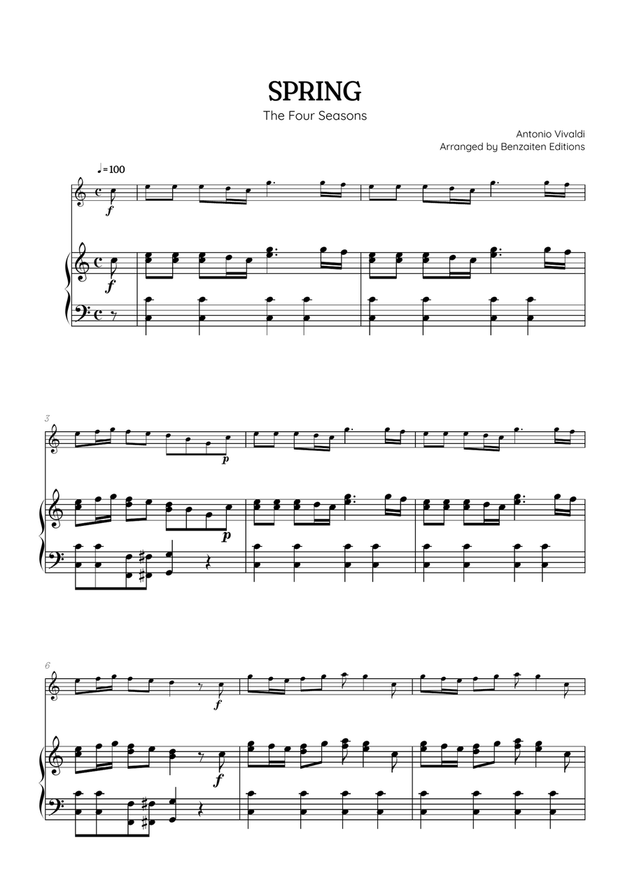 Vivaldi • The Four Seasons: Spring | Cmaj • violin sheet music w/ piano accompaniment Chamber Music scores gallery preview page 1