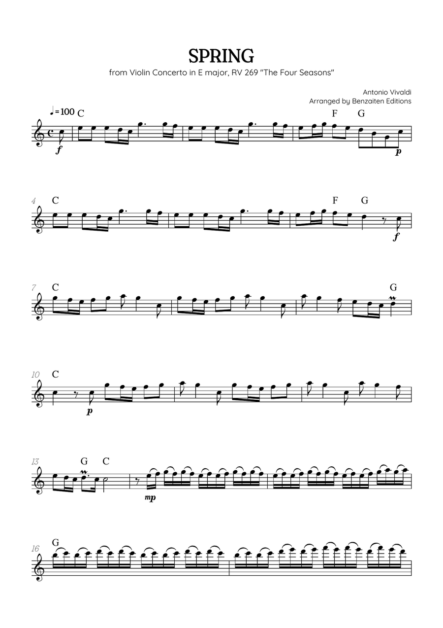 Vivaldi • The Four Seasons: Spring | Cmaj • flute sheet music (chords) Chamber Music scores gallery preview page 1