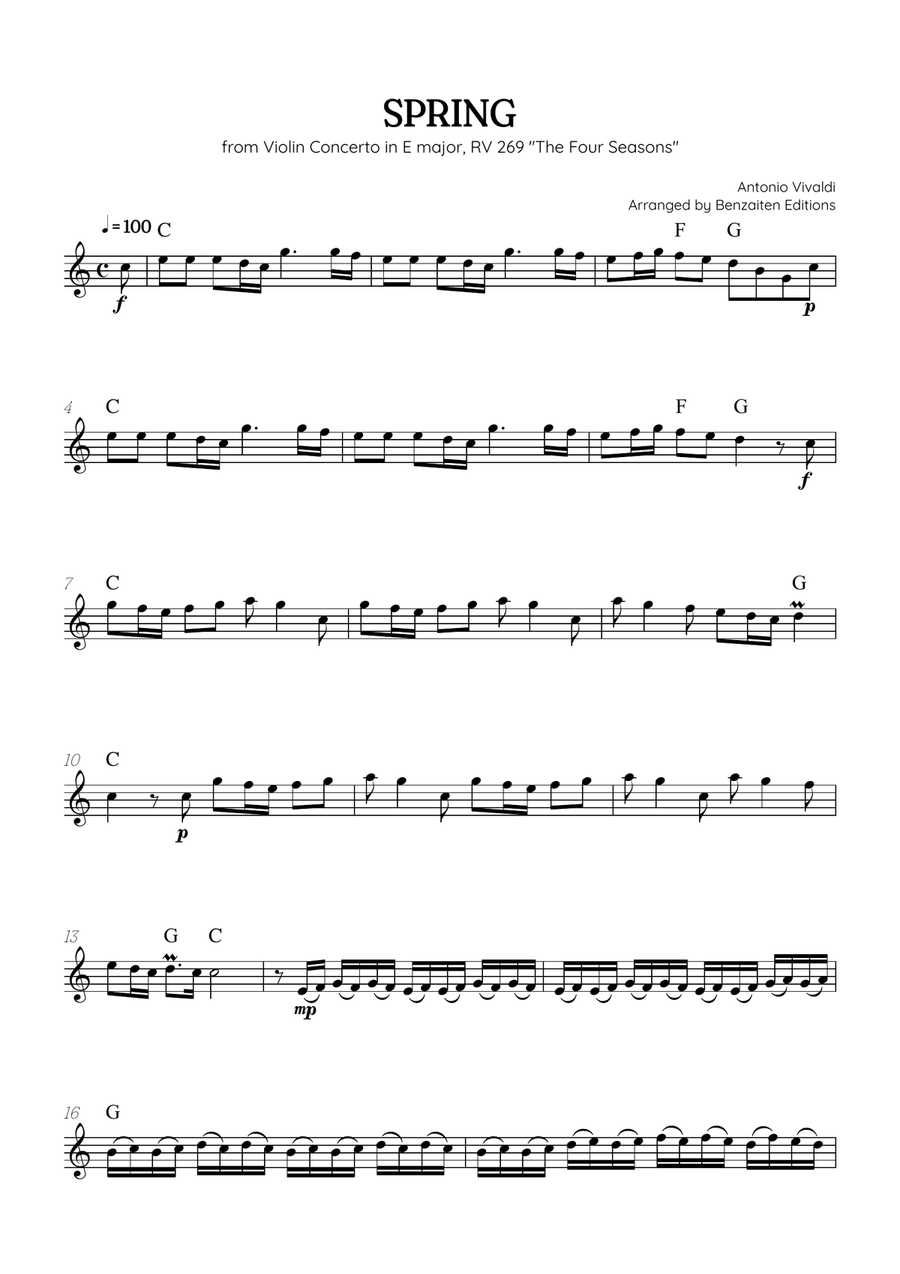 Vivaldi • The Four Seasons: Spring | Cmaj • oboe sheet music (chords) Chamber Music scores gallery preview page 1