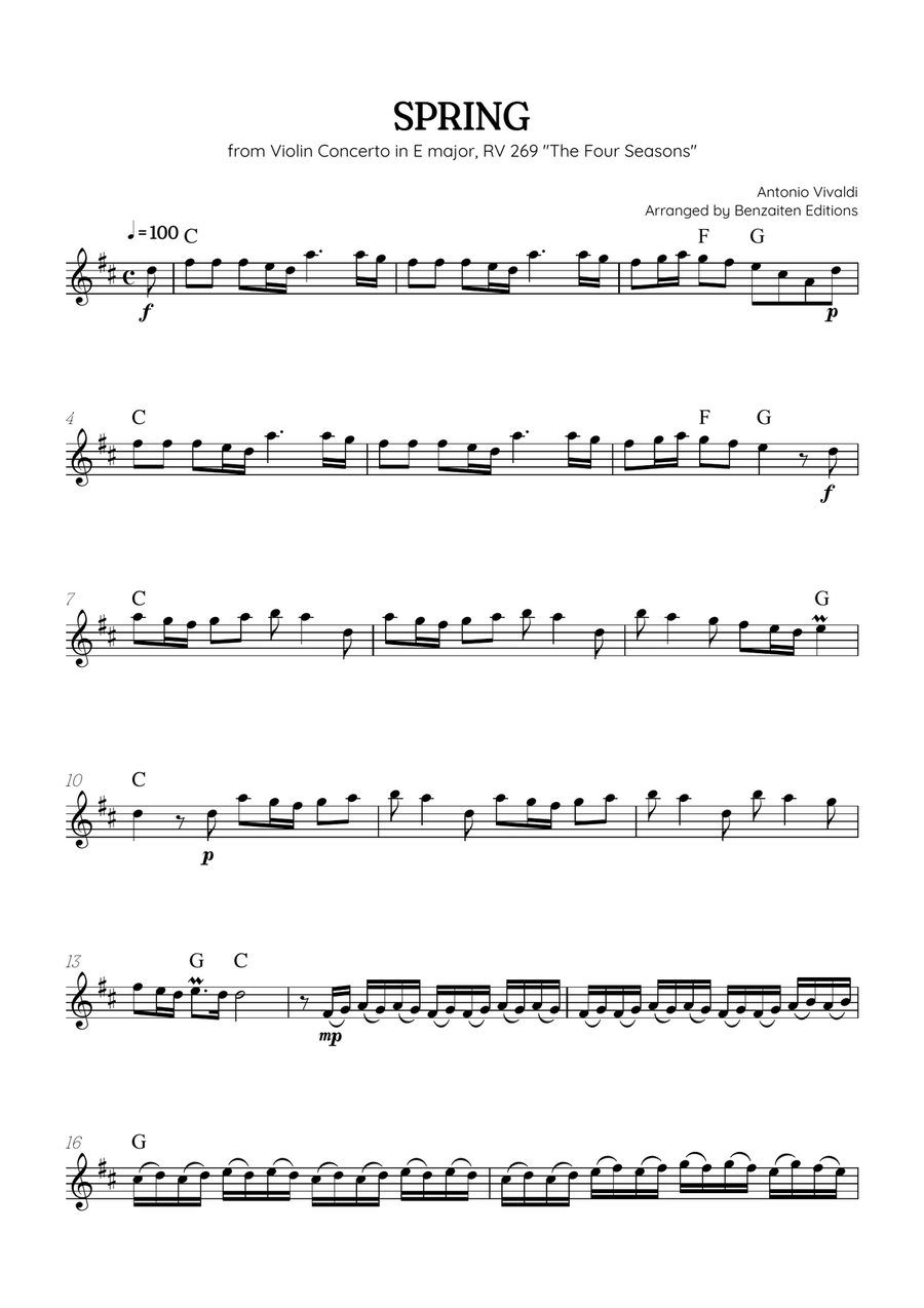 Vivaldi • The Four Seasons: Spring | Cmaj • trumpet sheet music (chords) Chamber Music scores gallery preview page 1
