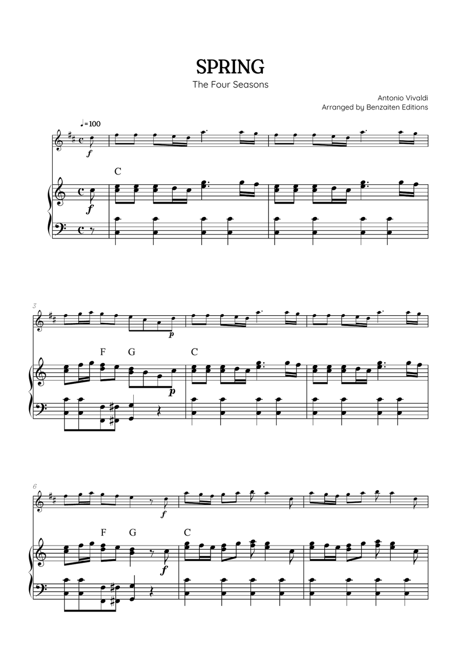 Vivaldi • The Four Seasons: Spring | Cmaj • trumpet sheet music w/ piano accompaniment (chords) Chamber Music scores gallery preview page 1