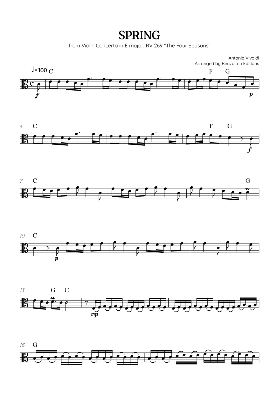 Vivaldi • The Four Seasons: Spring | Cmaj • viola sheet music (chords) Chamber Music scores gallery preview page 1