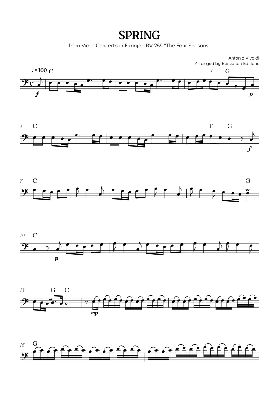 Vivaldi • The Four Seasons: Spring | Cmaj • cello sheet music (chords) Chamber Music scores gallery preview page 1