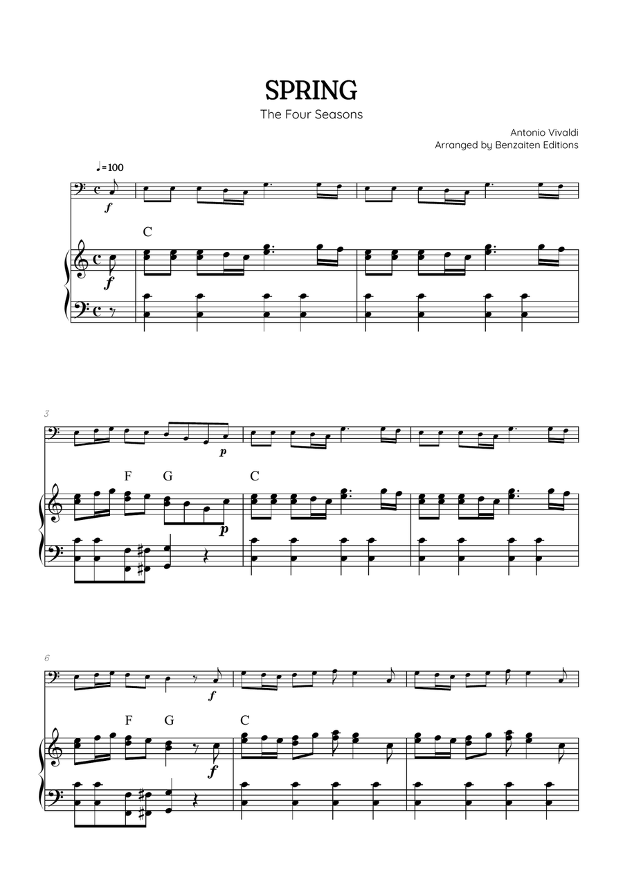 Vivaldi • The Four Seasons: Spring | Cmaj • cello sheet music w/ piano accompaniment (chords) Chamber Music scores gallery preview page 1