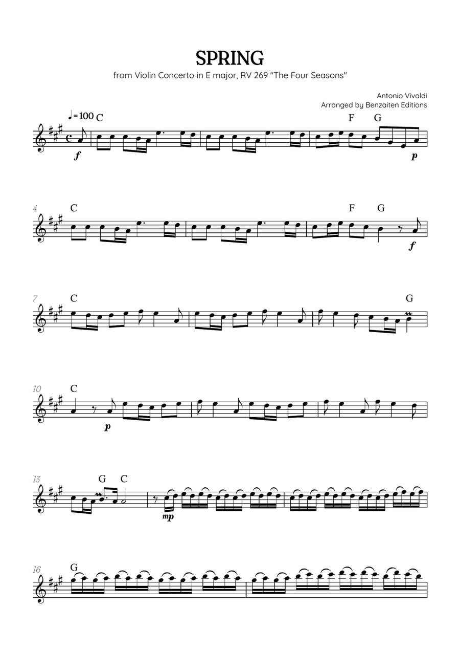 Vivaldi • The Four Seasons: Spring | Cmaj • alto sax sheet music (chords) Chamber Music scores gallery preview page 1