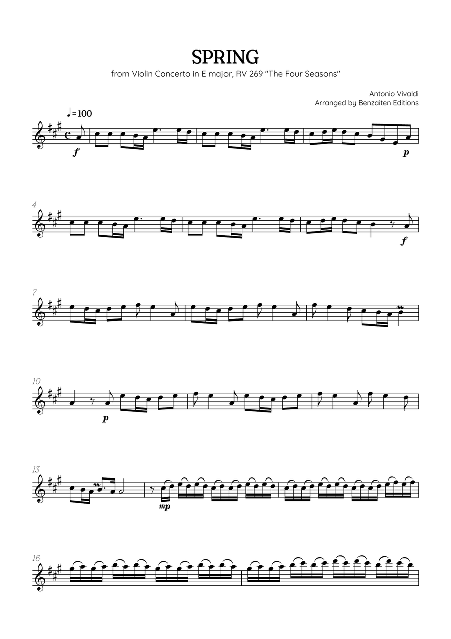 Vivaldi • The Four Seasons: Spring | Cmaj • alto sax sheet music Chamber Music scores gallery preview page 1