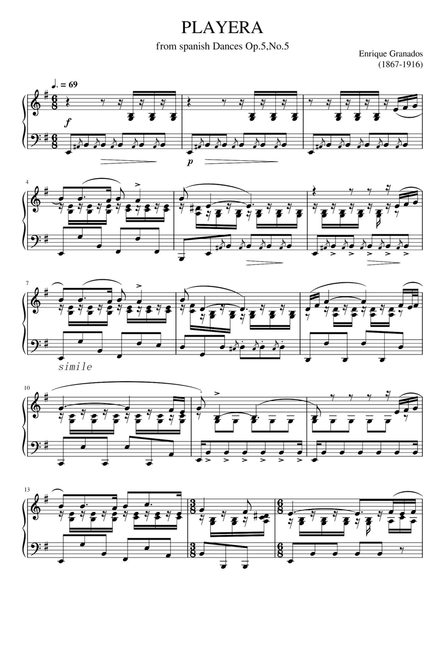 Spanish Dance Playera Op.5 No.5 - Enrique Granados Piano Solo scores gallery preview page 1