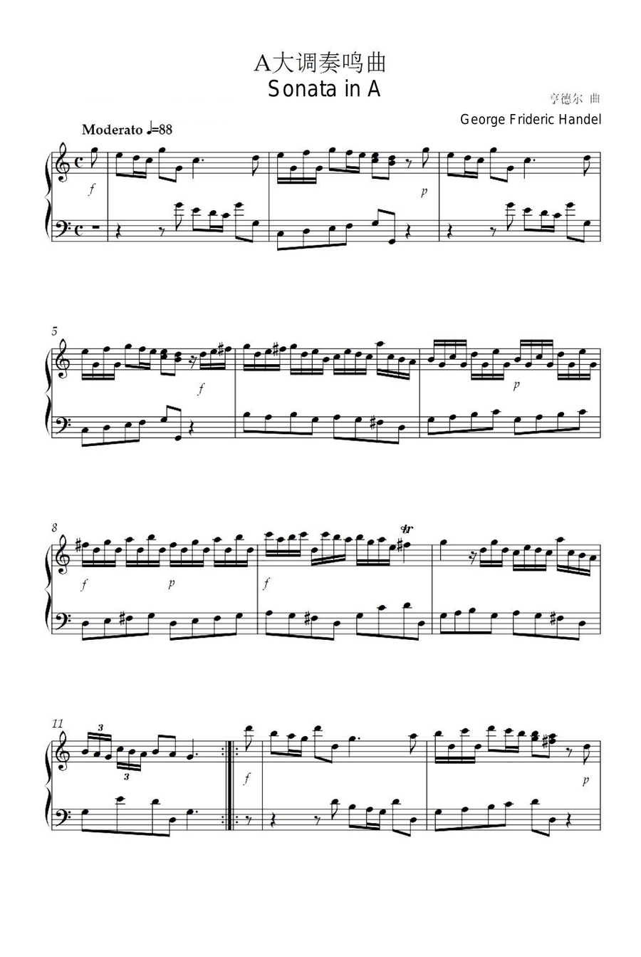 Sonata in A - George Frideric Handel Piano Solo scores gallery preview page 1