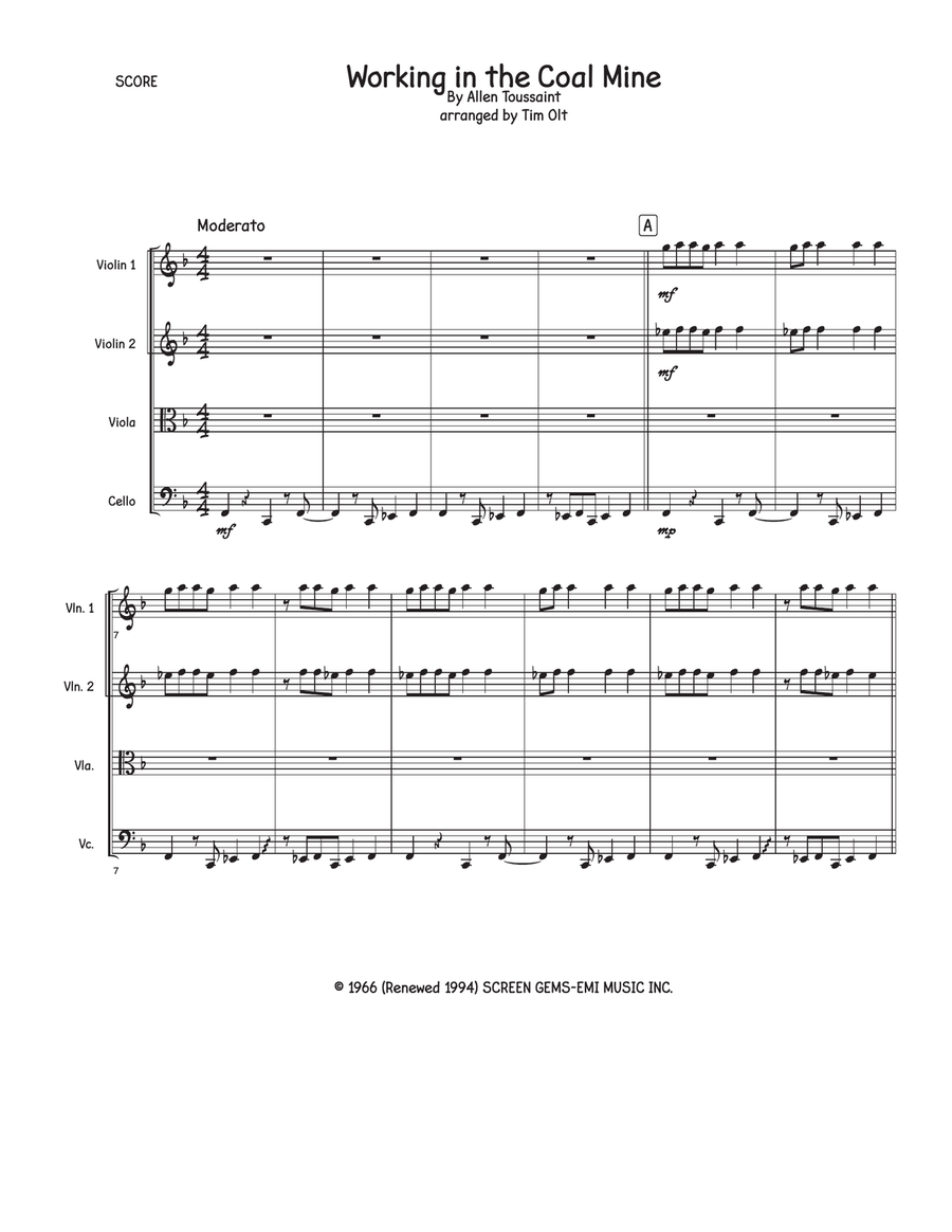 Working In The Coal Mine String Quartet scores gallery preview page 1