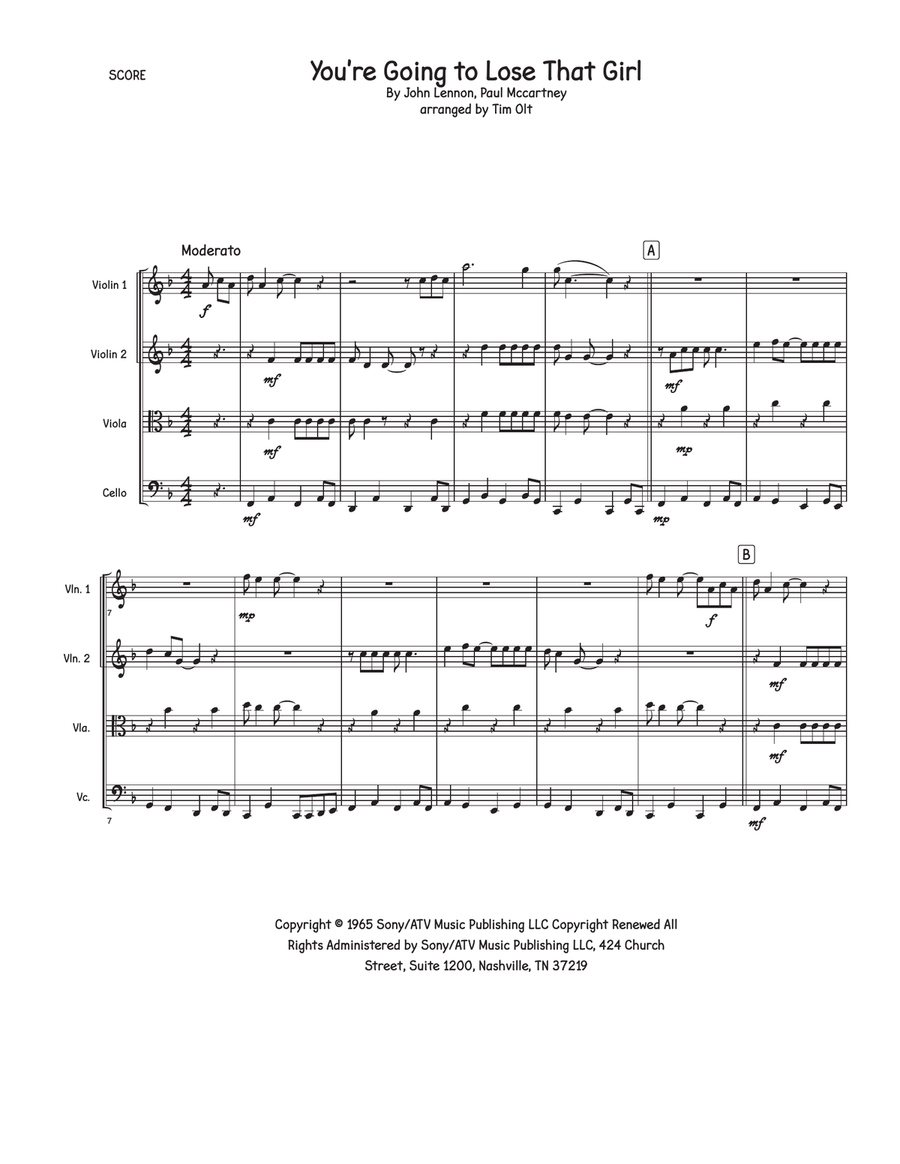 You're Going To Lose That Girl String Quartet scores gallery preview page 1