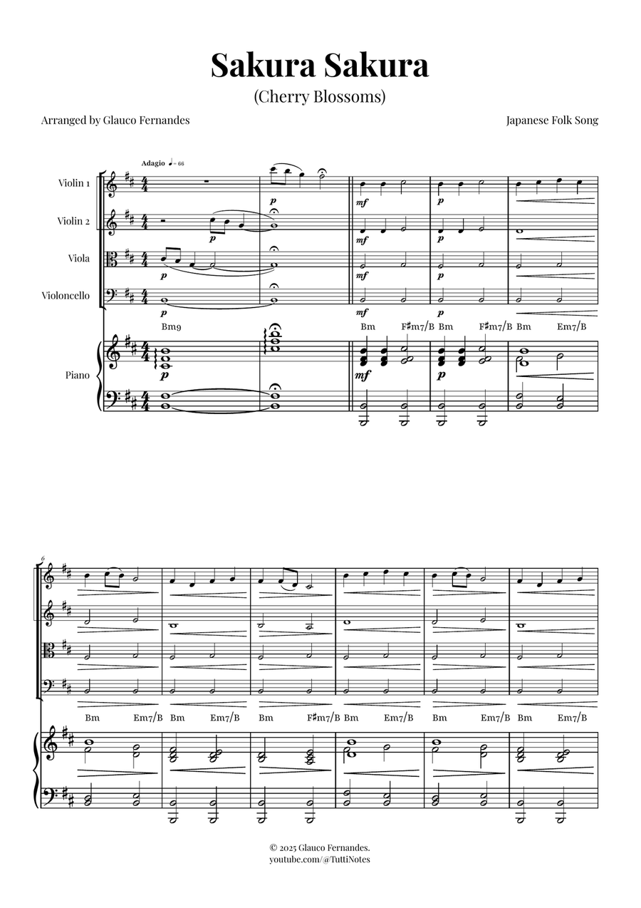 Sakura Sakura (Cherry Blossoms) – BEAUTIFUL Arrangement String Quartet scores gallery preview page 1