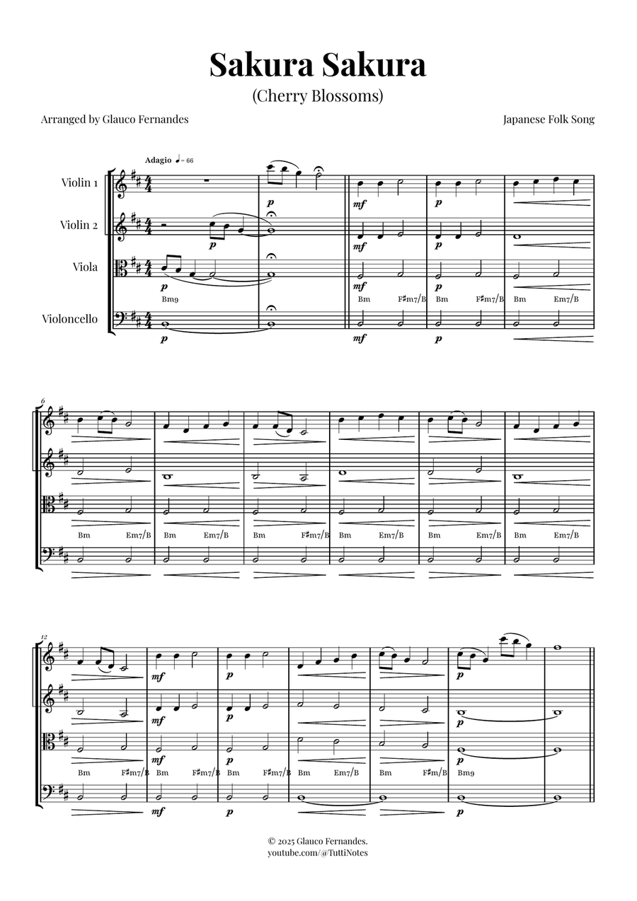Sakura Sakura (Cherry Blossoms) – BEAUTIFUL Arrangement String Quartet scores gallery preview page 1