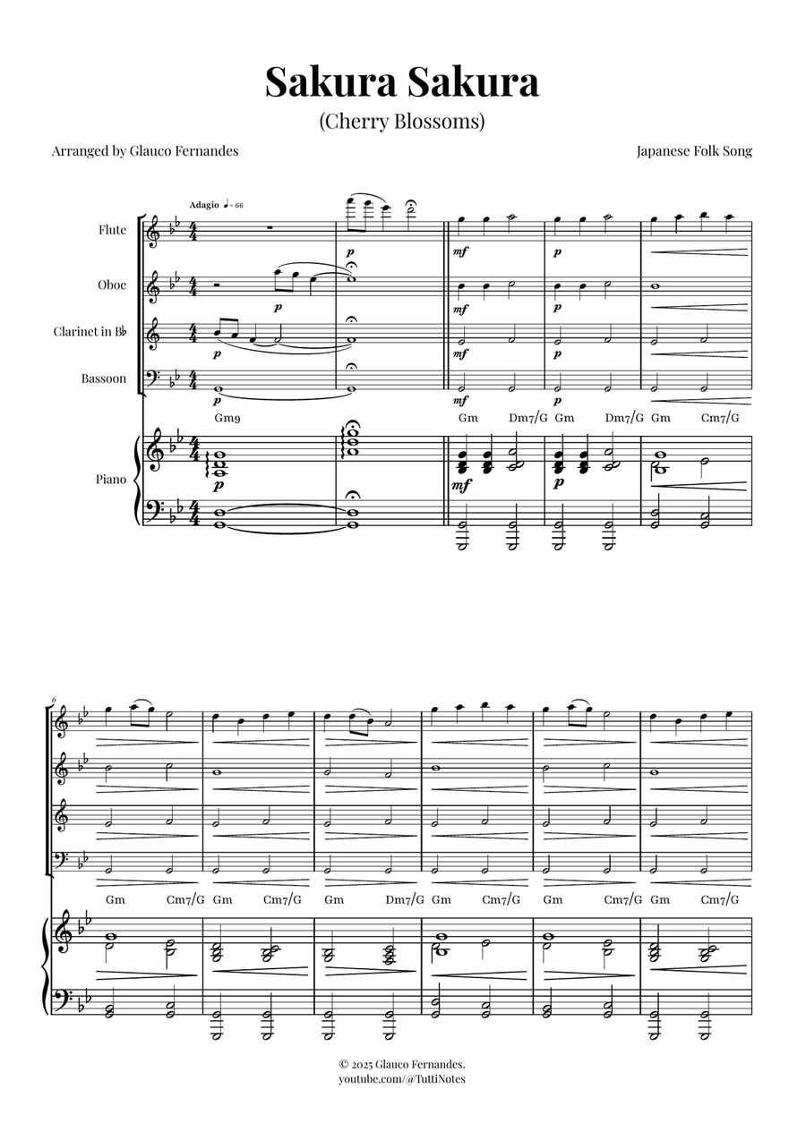 Sakura Sakura (Cherry Blossoms) – BEAUTIFUL Arrangement Woodwind Quartet scores gallery preview page 1