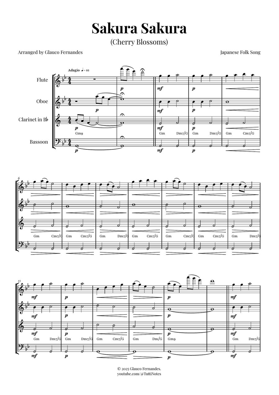 Sakura Sakura (Cherry Blossoms) – BEAUTIFUL Arrangement Woodwind Quartet scores gallery preview page 1