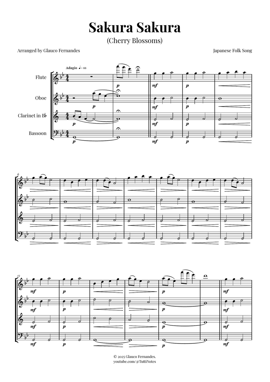 Sakura Sakura (Cherry Blossoms) – BEAUTIFUL Arrangement Woodwind Quartet scores gallery preview page 1