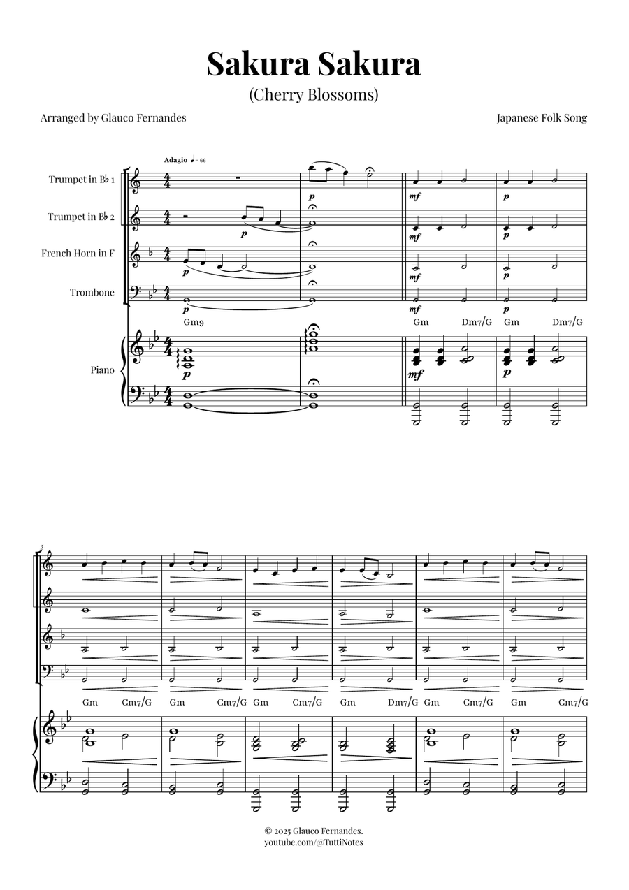 Sakura Sakura (Cherry Blossoms) – BEAUTIFUL Arrangement Brass Quartet scores gallery preview page 1