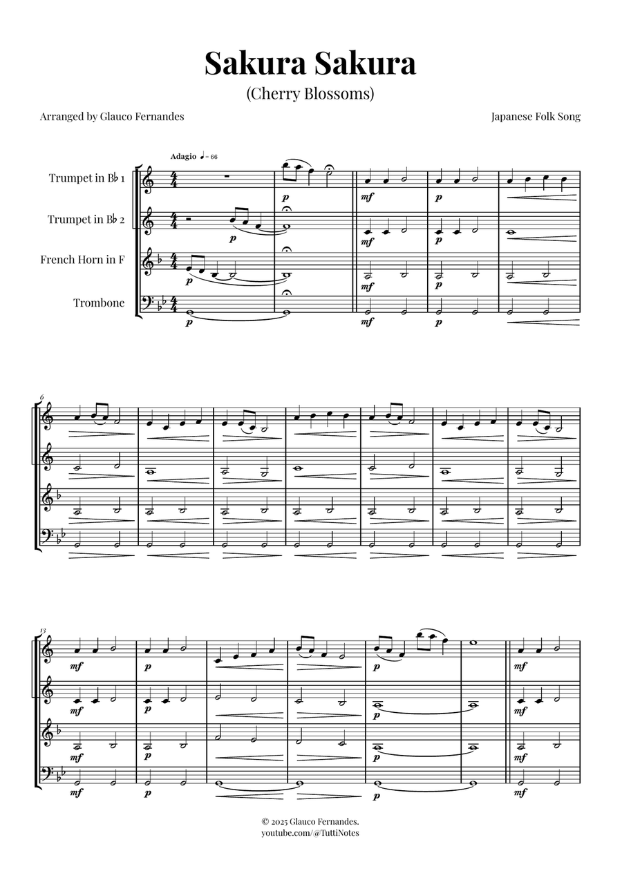 Sakura Sakura (Cherry Blossoms) – BEAUTIFUL Arrangement Brass Quartet scores gallery preview page 1