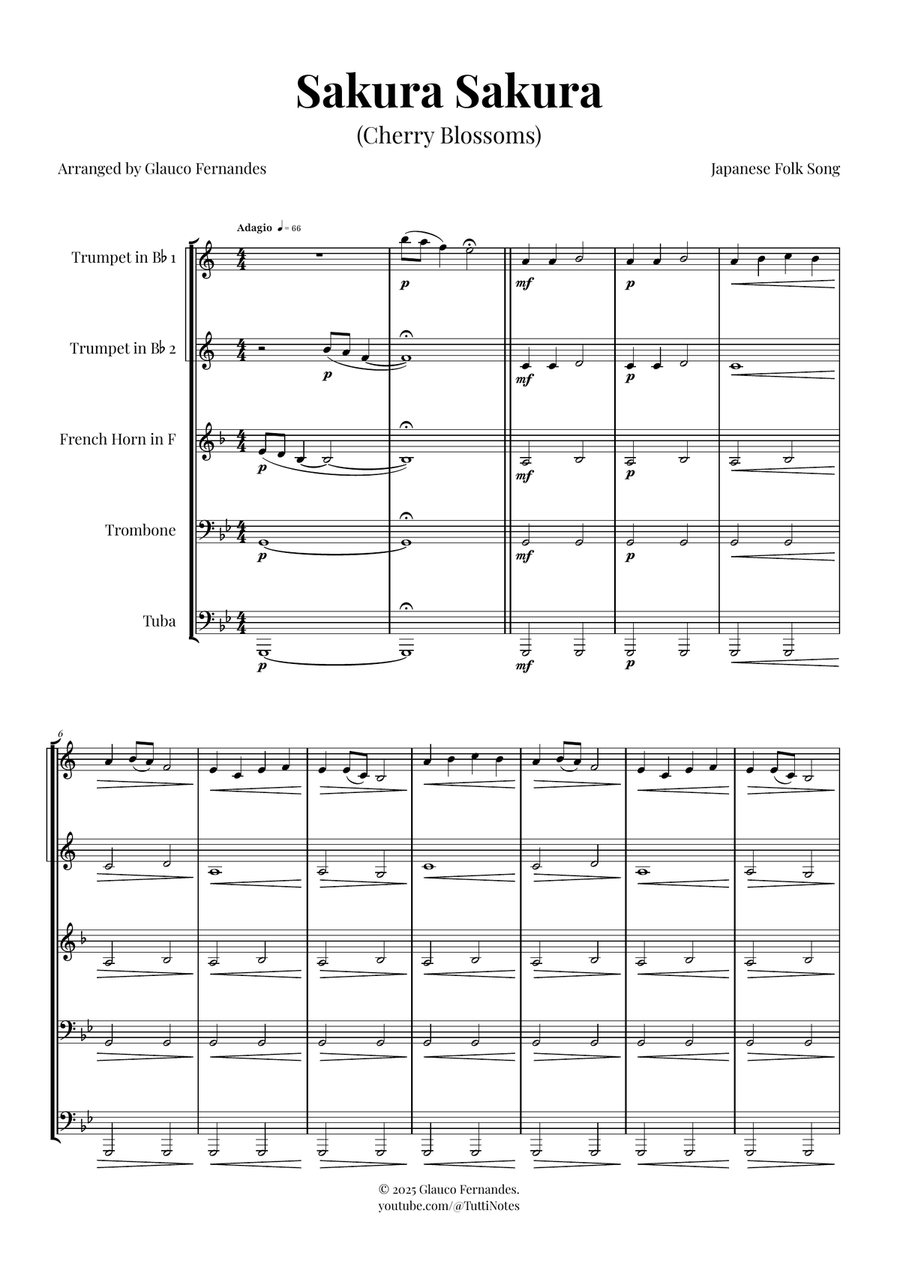 Sakura Sakura (Cherry Blossoms) – BEAUTIFUL Arrangement Brass Quintet scores gallery preview page 1
