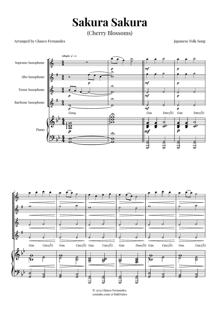 Sakura Sakura (Cherry Blossoms) – BEAUTIFUL Arrangement Saxophone Quartet scores gallery preview page 1