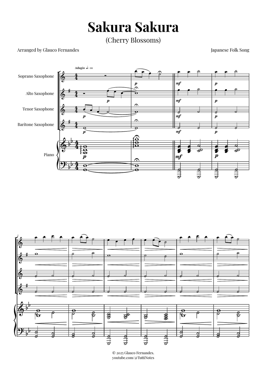 Sakura Sakura (Cherry Blossoms) – BEAUTIFUL Arrangement Saxophone Quartet scores gallery preview page 1