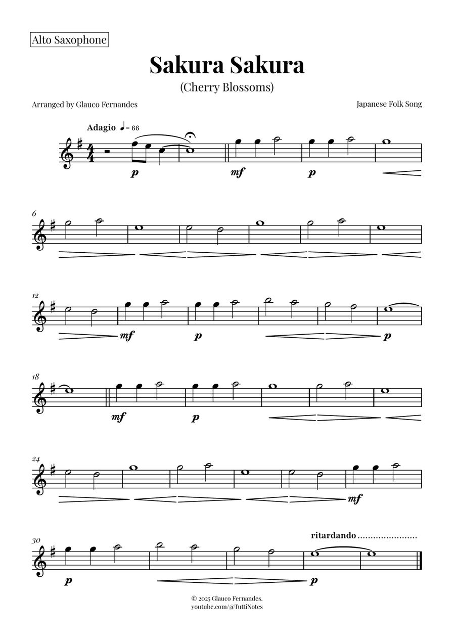 Sakura Sakura (Cherry Blossoms) – BEAUTIFUL Arrangement Saxophone Quartet scores gallery preview page 5