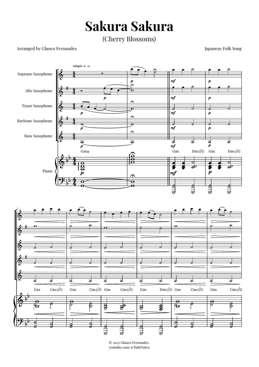 Sakura Sakura (Cherry Blossoms) – BEAUTIFUL Arrangement Saxophone Quintet scores gallery preview page 1