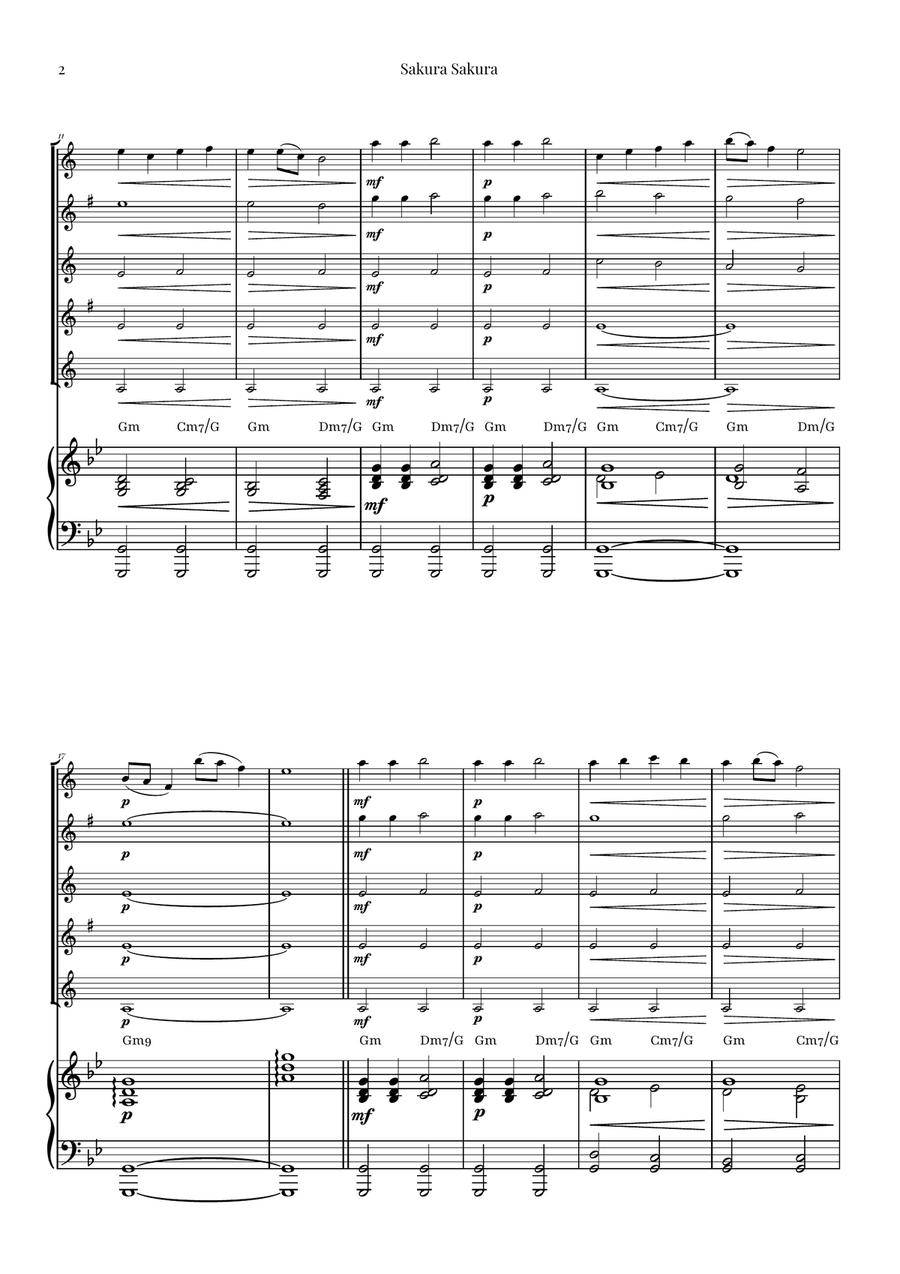 Sakura Sakura (Cherry Blossoms) – BEAUTIFUL Arrangement Saxophone Quintet scores gallery preview page 2