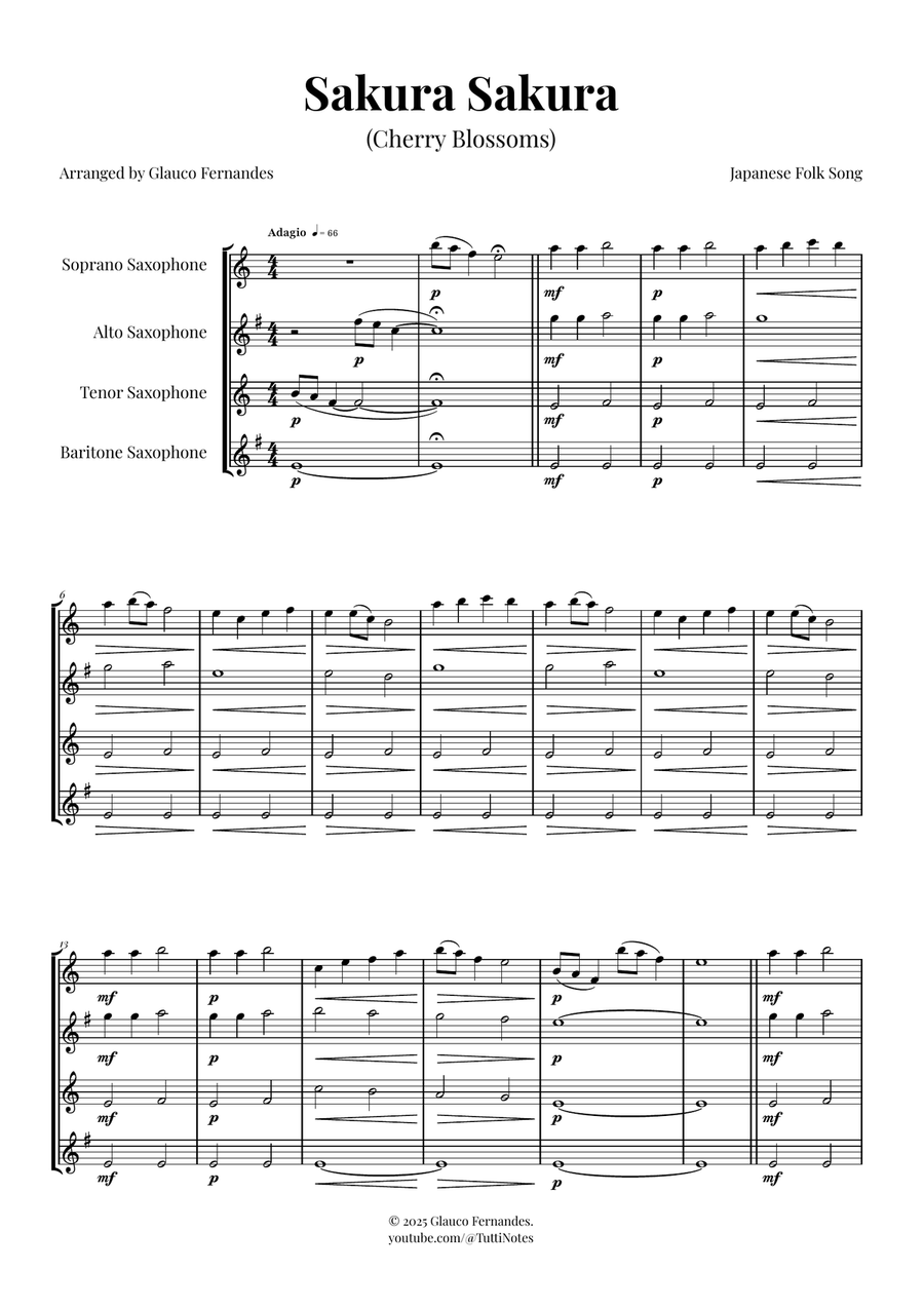 Sakura Sakura (Cherry Blossoms) – BEAUTIFUL Arrangement Saxophone Quartet scores gallery preview page 1