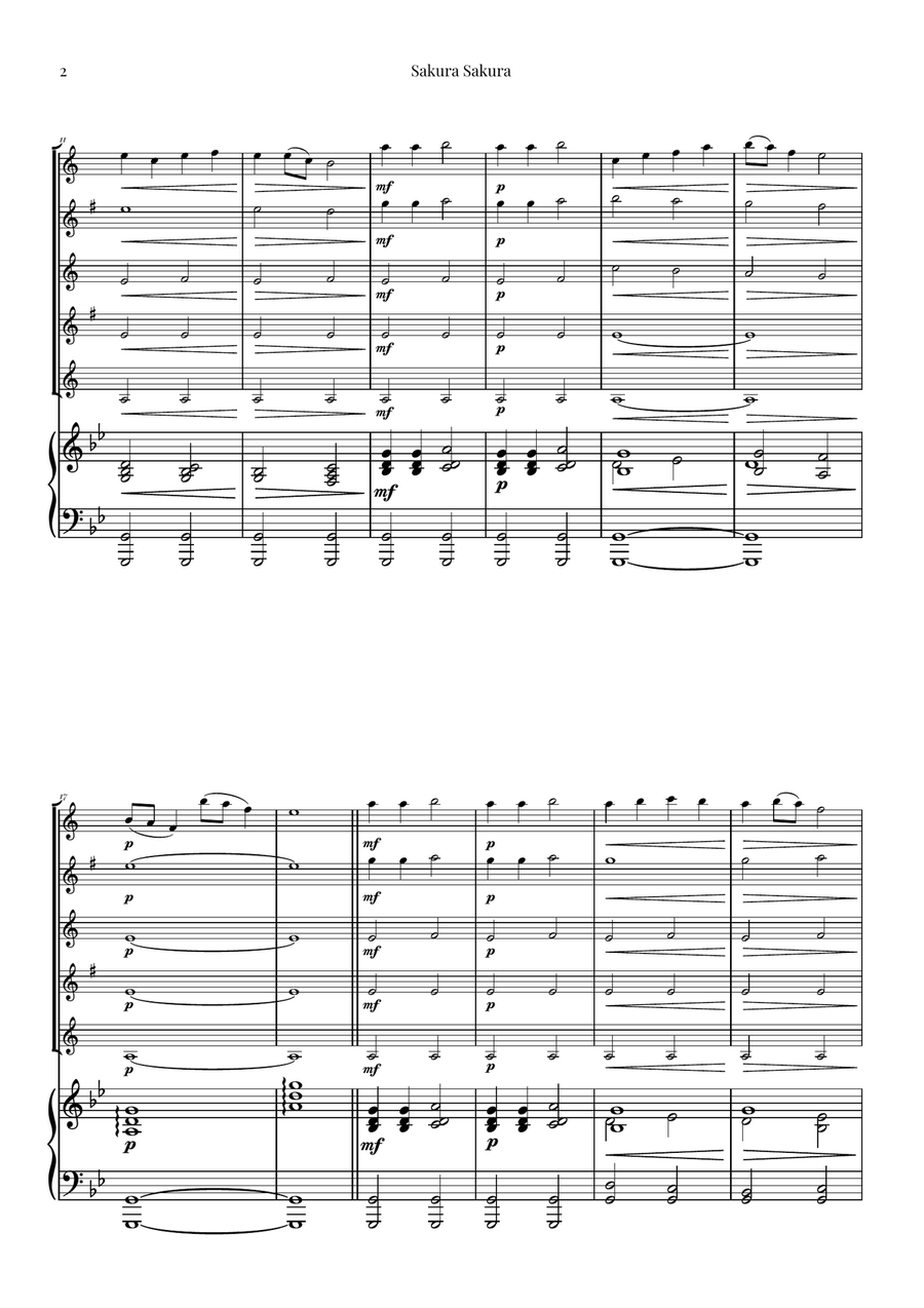 Sakura Sakura (Cherry Blossoms) – BEAUTIFUL Arrangement Saxophone Quintet scores gallery preview page 2