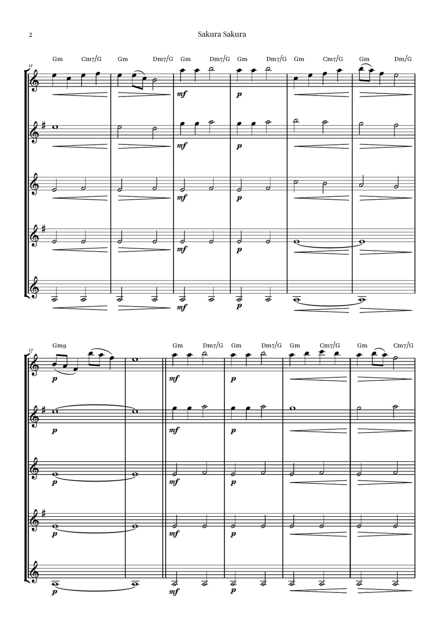 Sakura Sakura (Cherry Blossoms) – BEAUTIFUL Arrangement Saxophone Quintet scores gallery preview page 2