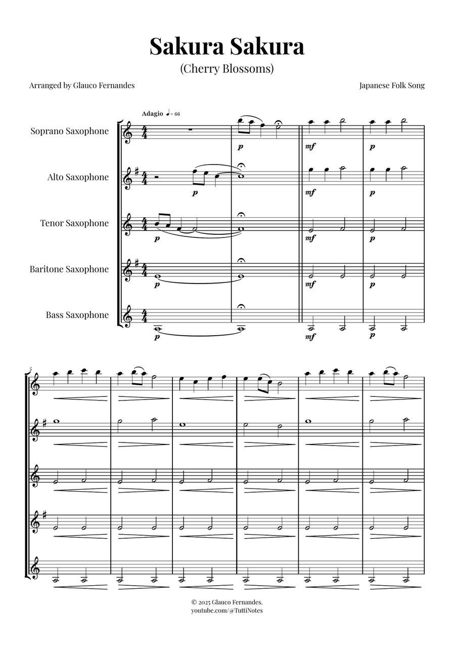Sakura Sakura (Cherry Blossoms) – BEAUTIFUL Arrangement Saxophone Quintet scores gallery preview page 1