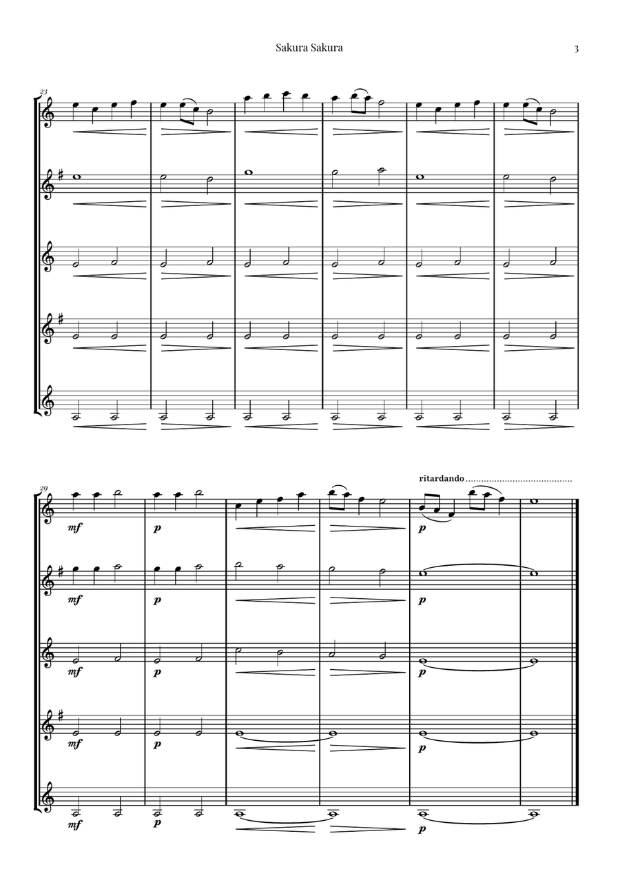 Sakura Sakura (Cherry Blossoms) – BEAUTIFUL Arrangement Saxophone Quintet scores gallery preview page 3