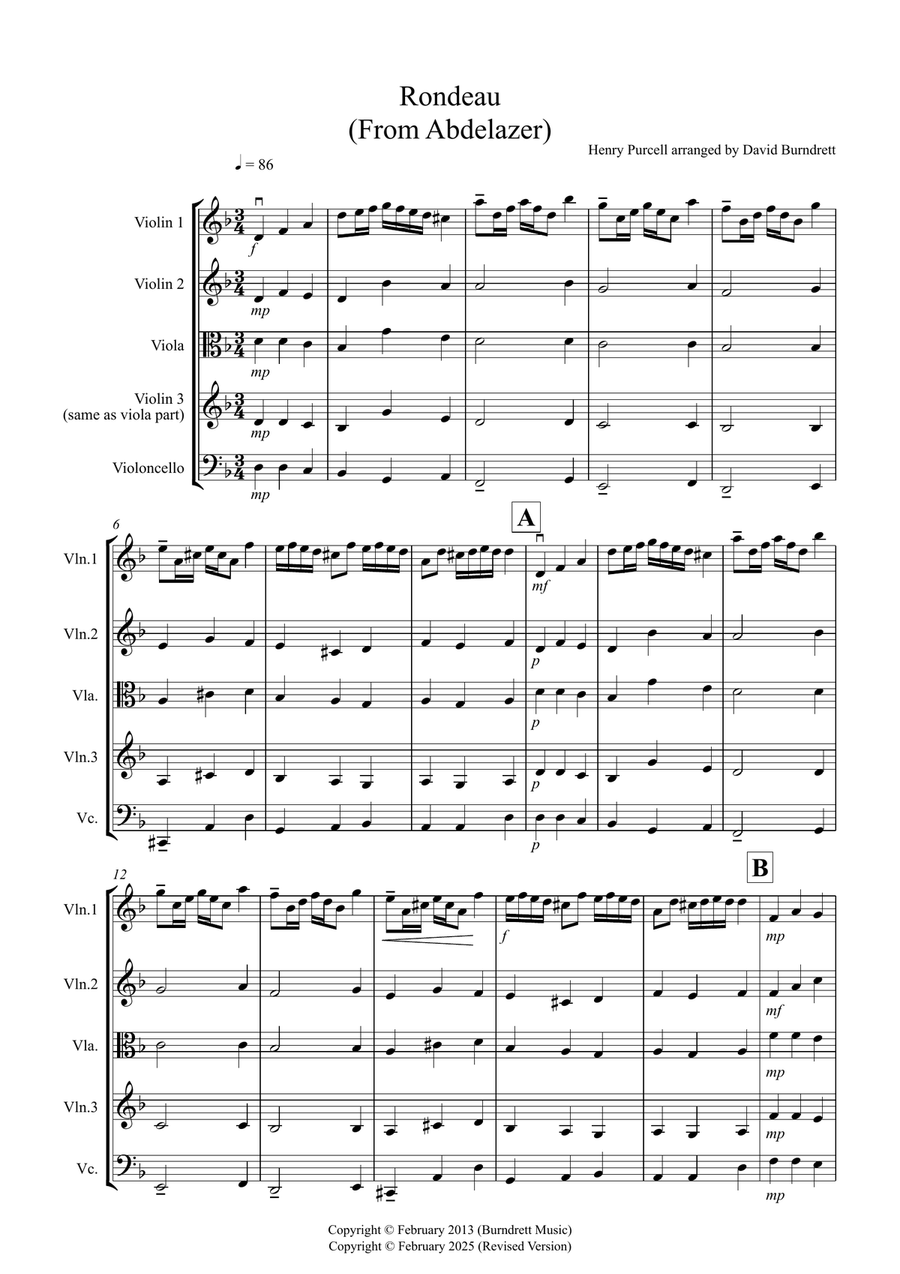 Rondeau (from Abdelazer) for String Quartet String Quartet scores gallery preview page 1