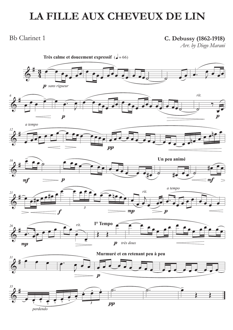 La Fille Aux Cheveux De Lin for Clarinet Quartet Clarinet Quartet scores gallery preview page 1