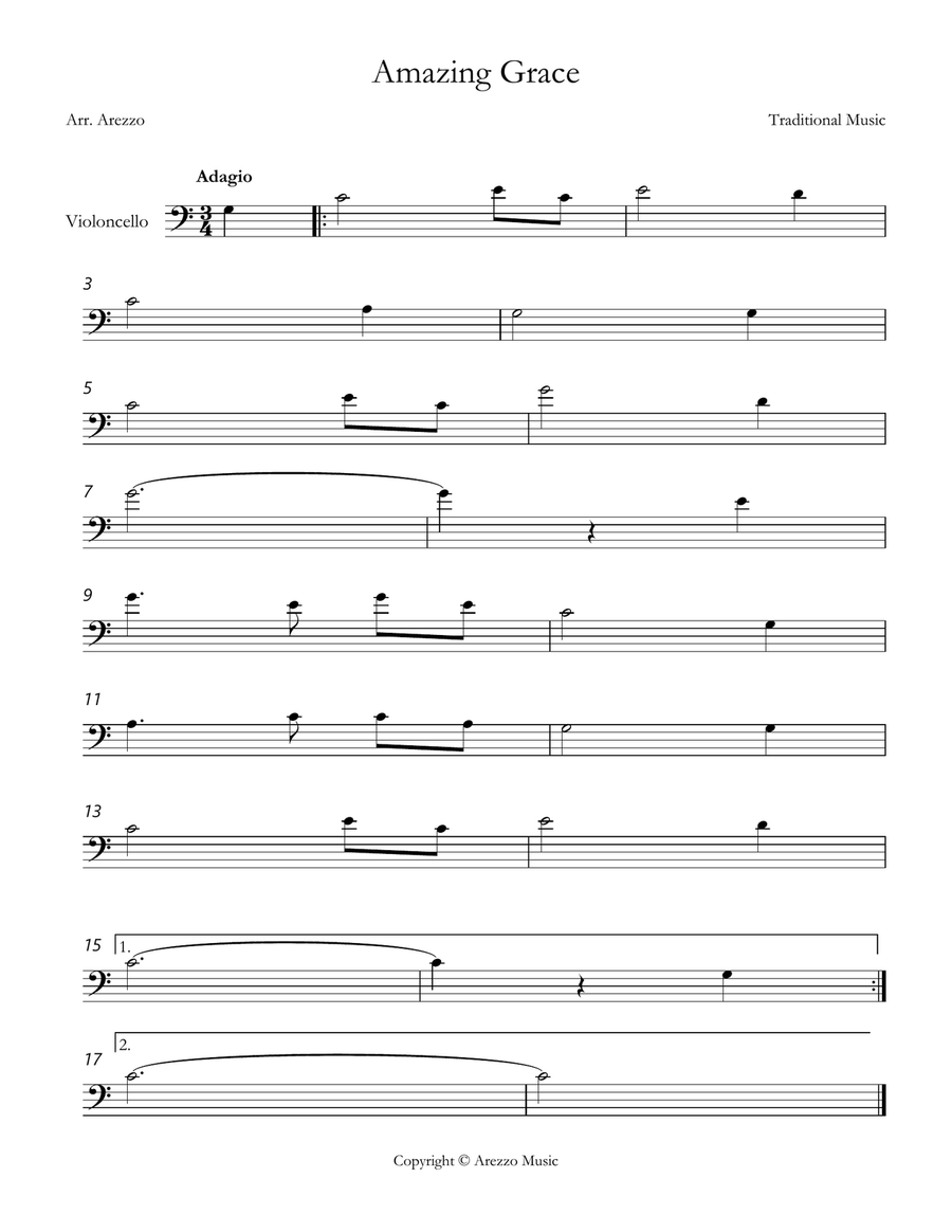 john newton amazing grace Cello lead sheet in C Cello Solo scores gallery preview page 1