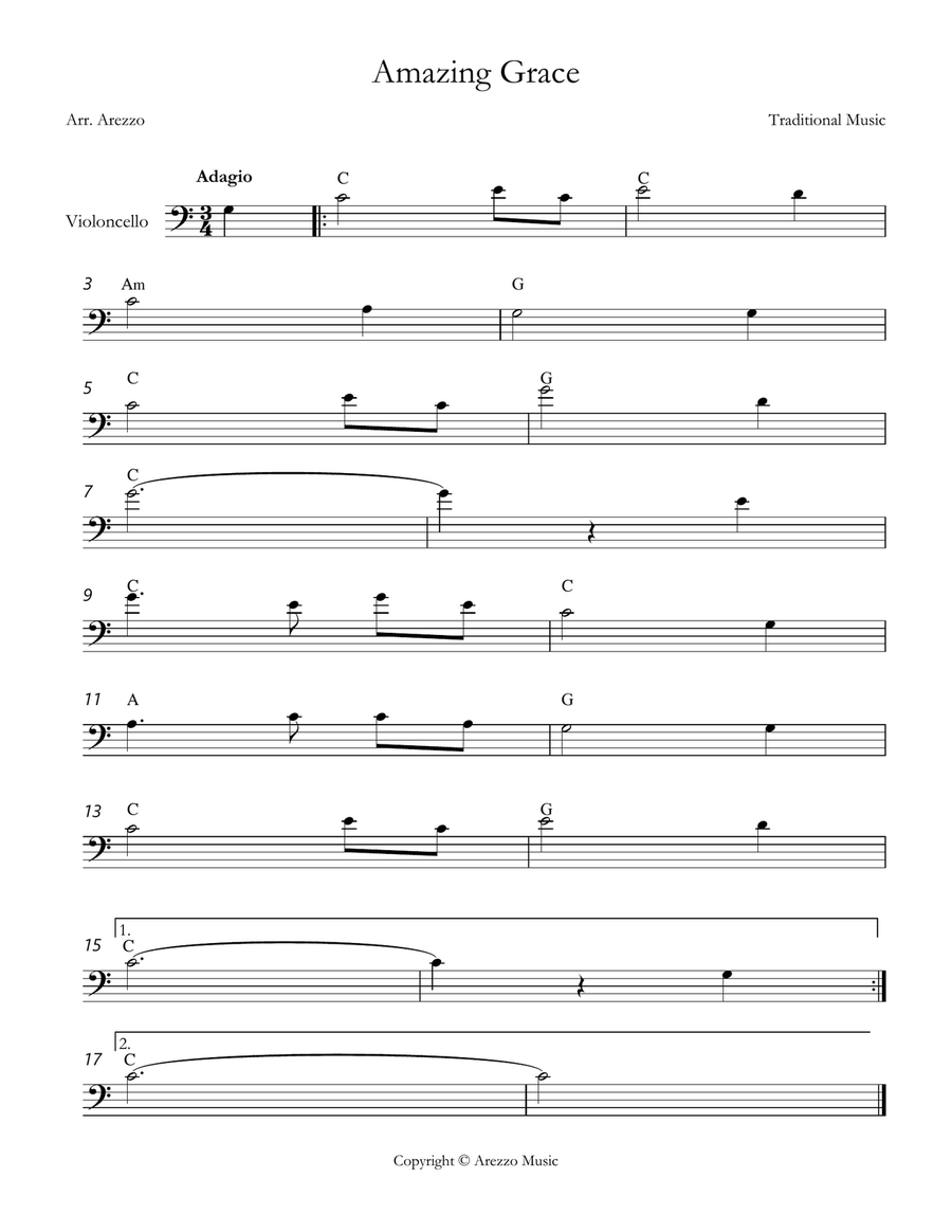 john newton amazing grace Cello lead sheet in C Chords Symbols Cello Solo scores gallery preview page 1