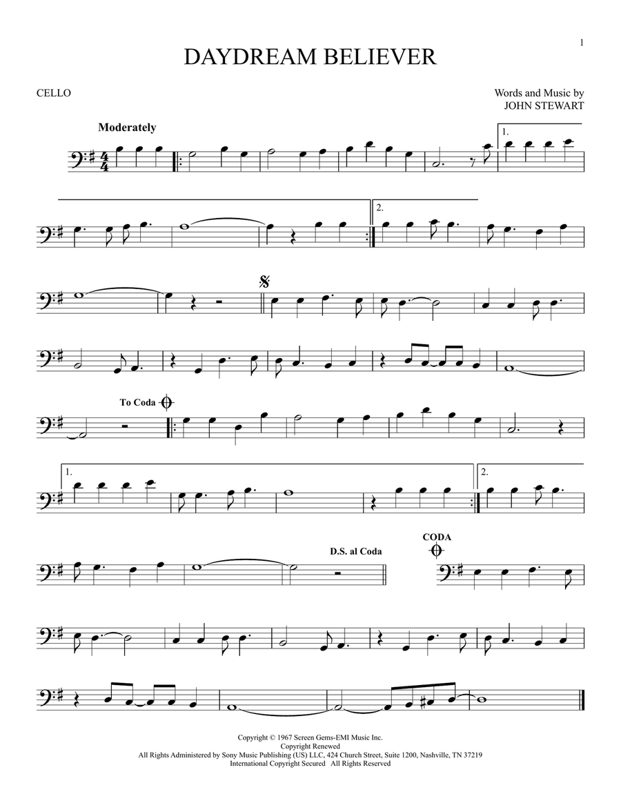 Daydream Believer Daydream Believer Cello Solo scores gallery preview page 1