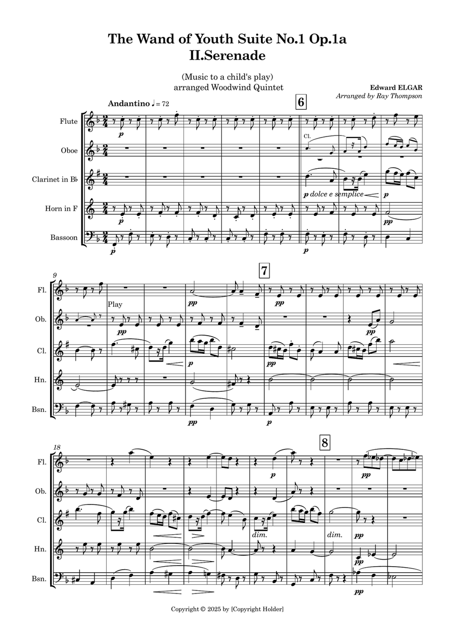 Elgar: The Wand of Youth Suite No.1 Op.1a II.Serenade - wind quintet Woodwind Quintet scores gallery preview page 2