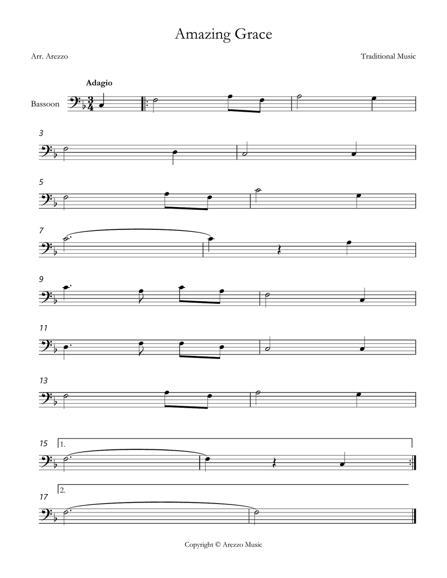 john newton amazing grace Bassoon lead sheet in F Bassoon Solo scores gallery preview page 1