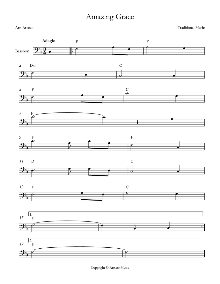 john newton amazing grace Bassoon lead sheet in F Chords Symbols Bassoon Solo scores gallery preview page 1