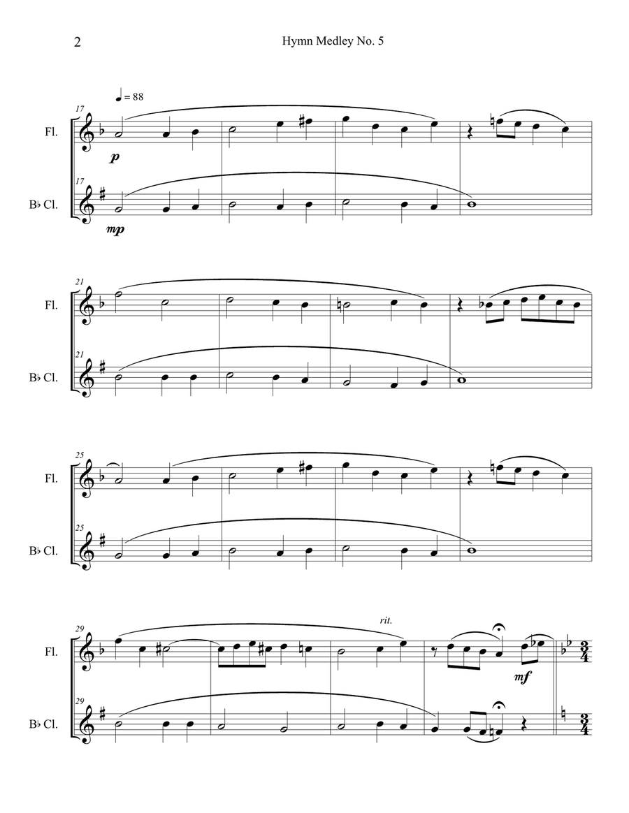 Hymn Medley No. 5 (Flute and Clarinet Duet) Woodwind Duet scores gallery preview page 2