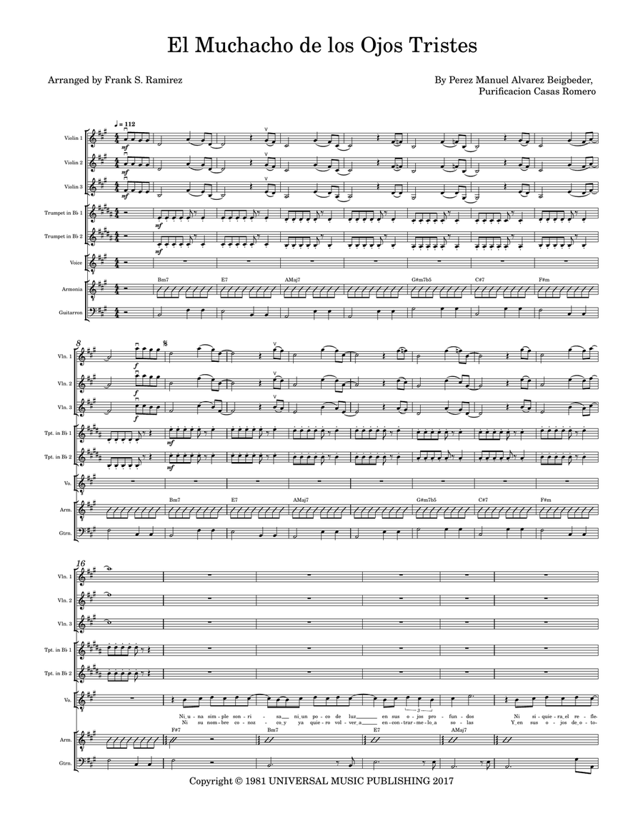 El Muchacho De Los Ojos Tristes Mariachi Band scores gallery preview page 1